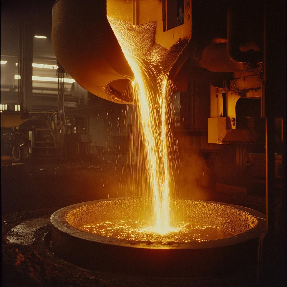 Home hightech foundry with molten metal being poured into molds for casting