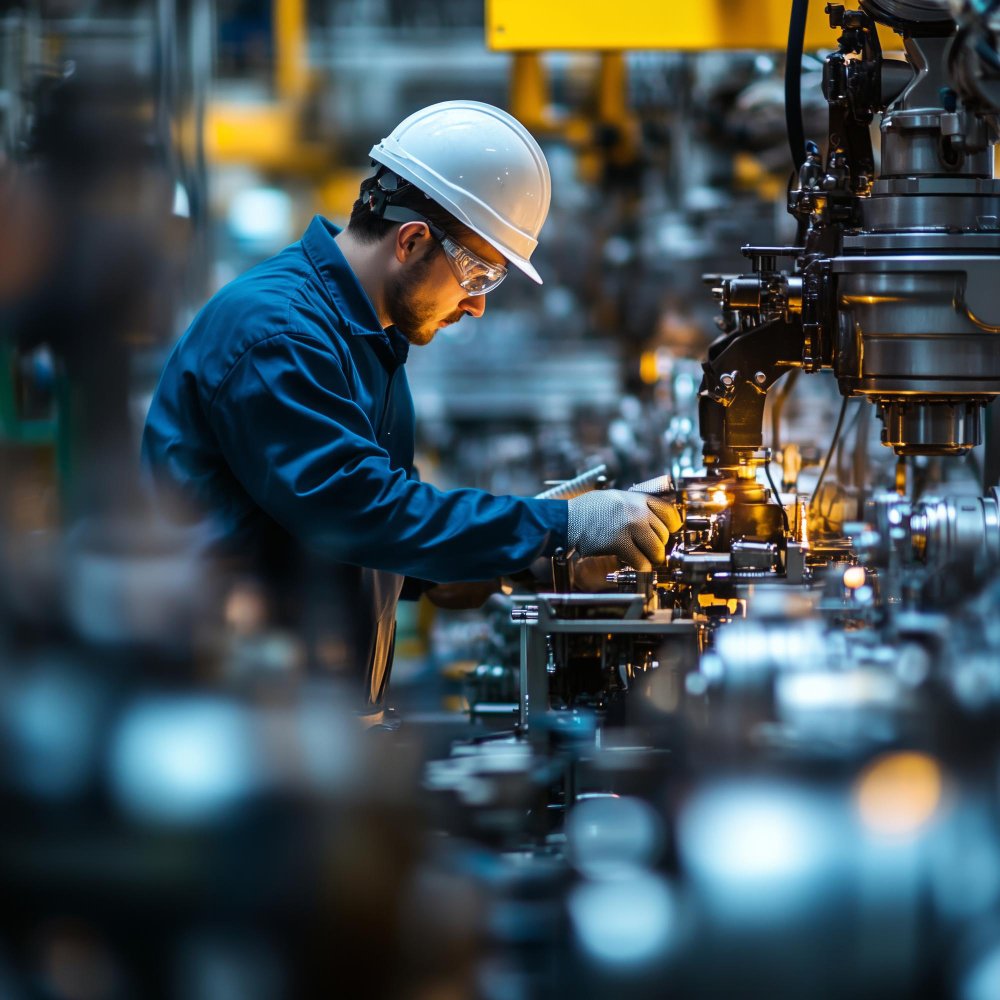 Home Engineer in factory adjusting machinery with precision and safety gear